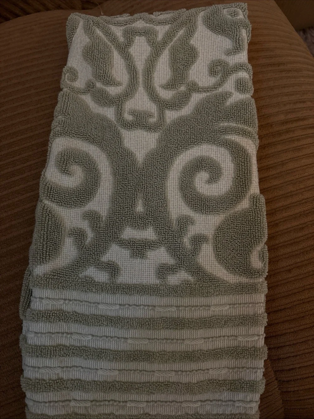 Cost Plus World Market Sage Green and White Decorative Hand Towel